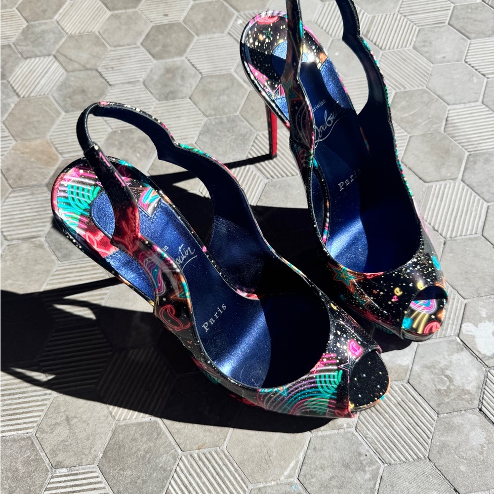 Christian Louboutin Multicolor Patent Leather Star Slingback Heels 38 - Picture 17 of 17